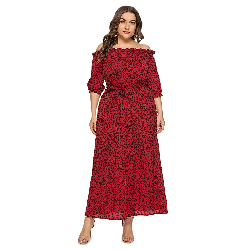 Rosegal Plus Size Off Summer dress Women The Shoulder 3/4 Sleeve Leopard Print Belted Slit Straight Fashion Women Maxi Dress