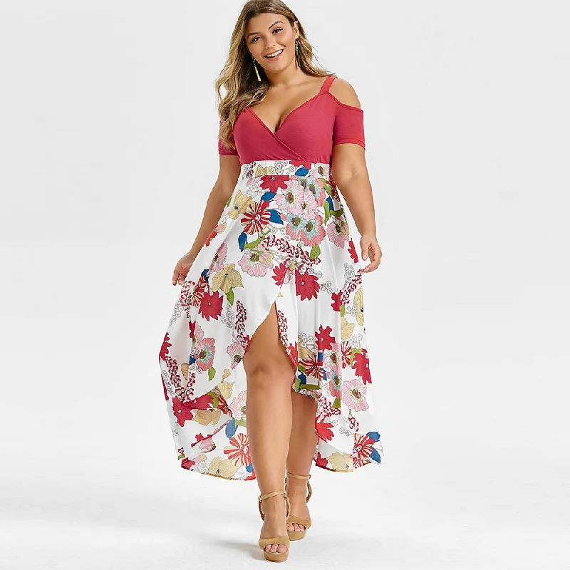 Rosegal Plus Size Open Shoulder Floral Overlap Maxi Dress Asymmetrical Short Sleeves Cut Out High Waist V-Neck Bohemian Dress