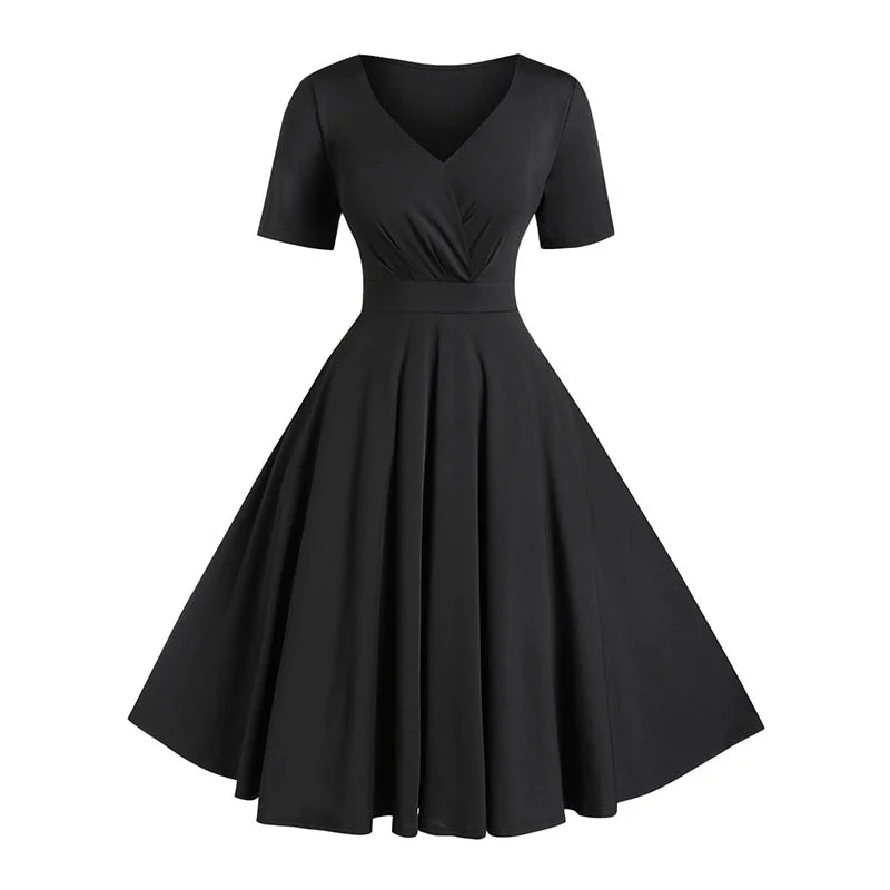 ROSEGAL Plus Size Solid High Waist V Neck Vintage Dress Short Sleeves A-Line Solid Dress Women Classic Sexy Party Maxi Dress