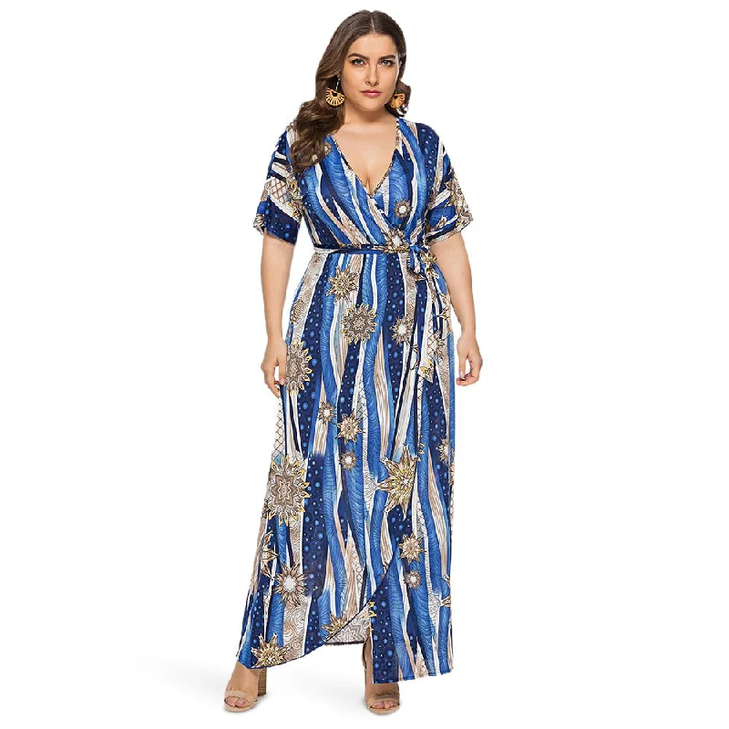 Rosegal Plus Size V Neck Floral Print Waist Strap Split Women Beach Long Dress Floor-Length Maxi Dress Summer Bohemia vestidos