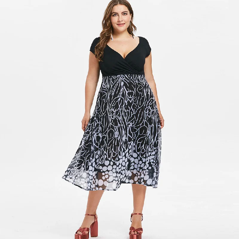 Rosegal Plus Size Women Dress Plus Size A Line Printed Surplice Dress Summer vestidos Bodycon Casual V-Neck maxi dress 2019