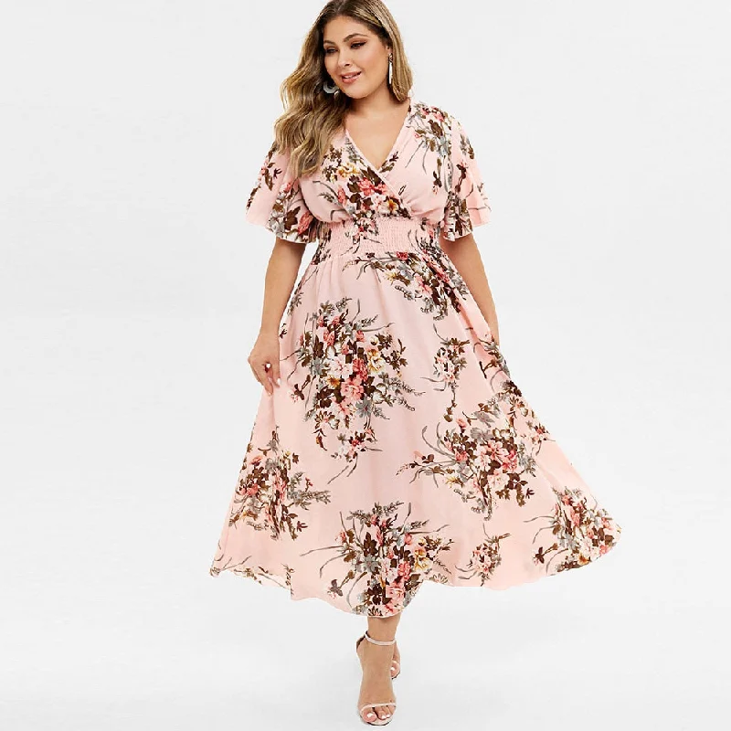 Rosegal Plus Size Women Floral Print Bohemian Maxi Dress V-Neck Half Sleeves A-Line Dress High Wasit Bohemian Holiday Dress