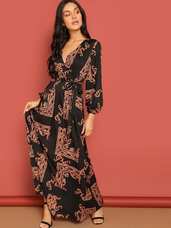 Scarf Print Plunge Belted Maxi Wrap Dress