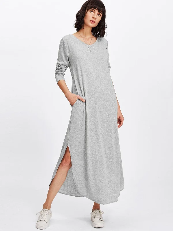 Side Slit Marled Knit Maxi Tee Dress