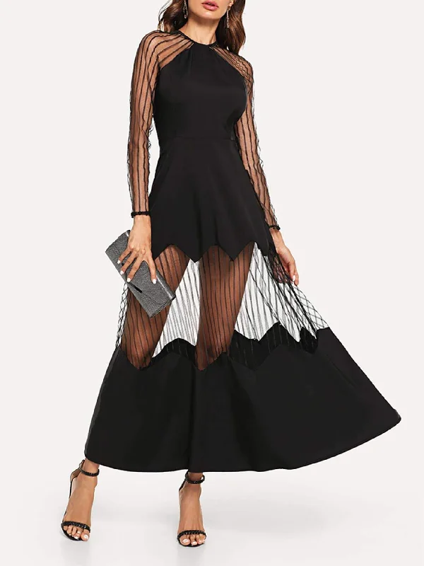 Striped Mesh Maxi Flare Dress