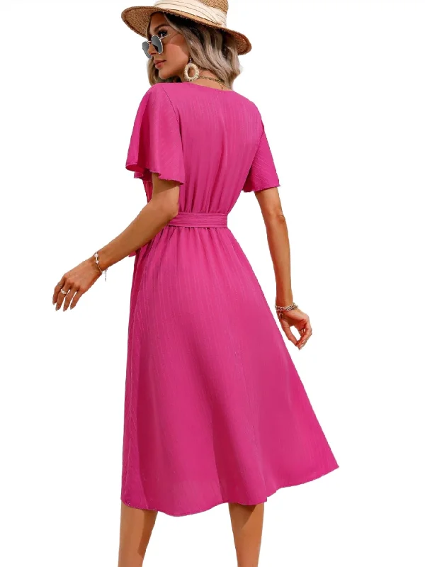 Surplice Neck Tie Belt Midi Dress