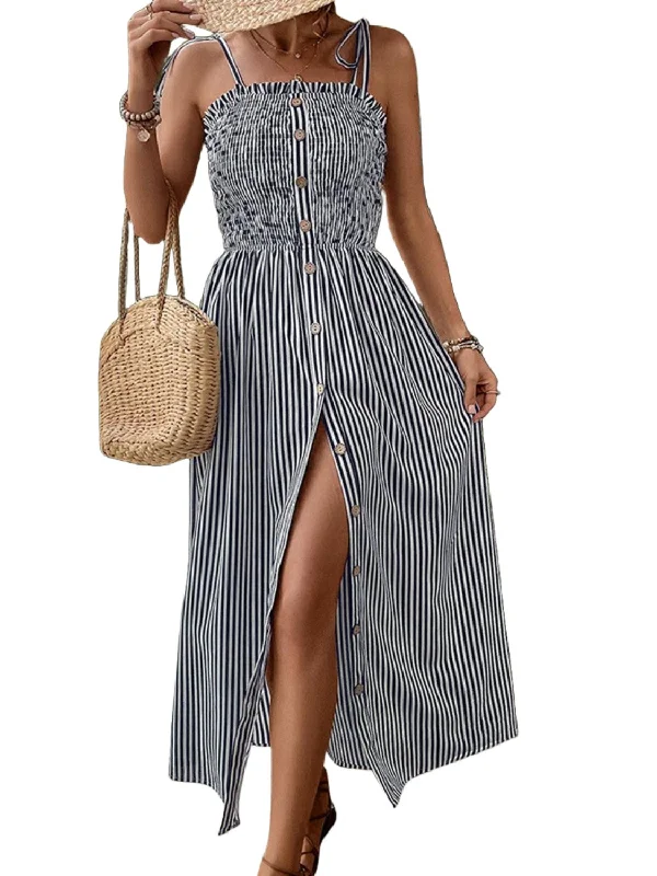 Tied Smocked Striped Sleeveless Midi Dress