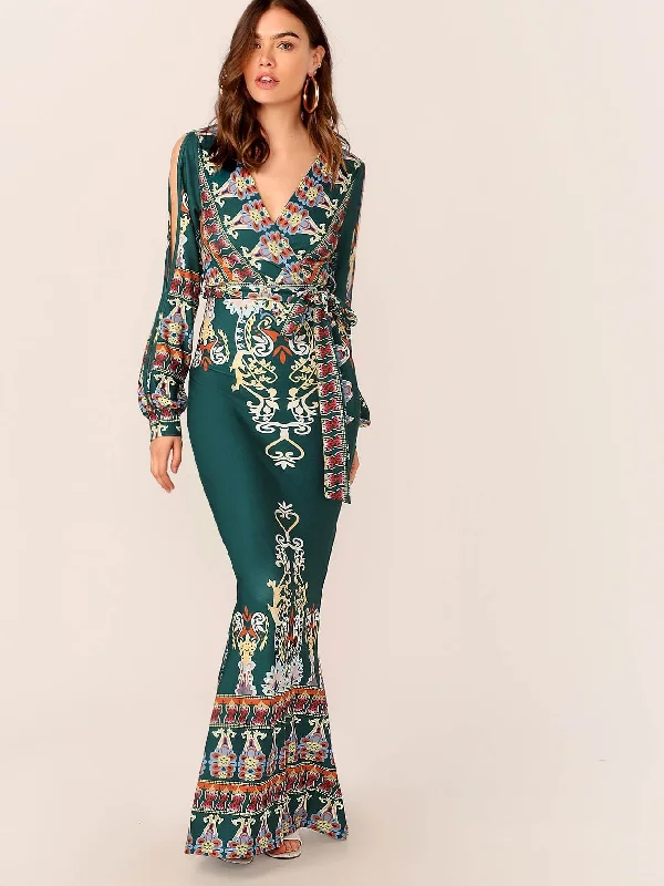 Tribal Print Split Sleeve Wrap Belted Fishtail Dress