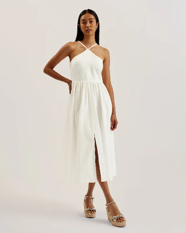 Vari Halterneck A-Line Midi Dress White