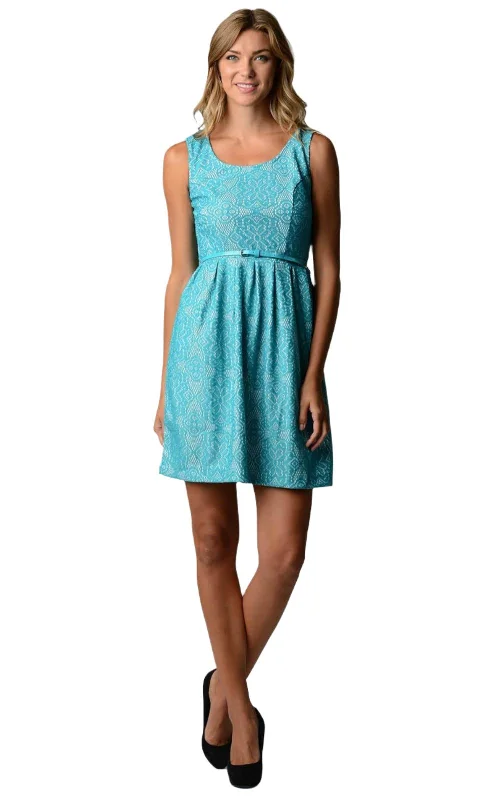 Women's Belted Fit & Flare Lace Dress