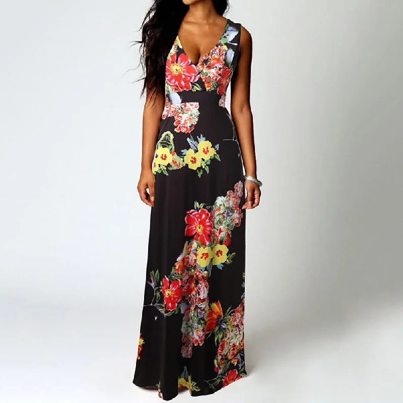 Women Dress Sleeveless V Neck Patchwork Women Dresses Floral Printed Draped Vestidos Female Long Maxi Dress Casual Robe W0619