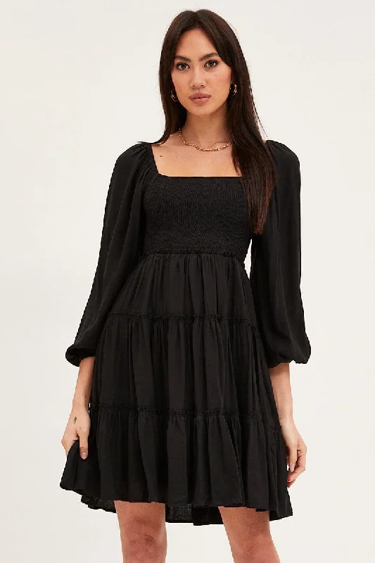 Black Fit And Flare Dress Long Sleeve Square Neck