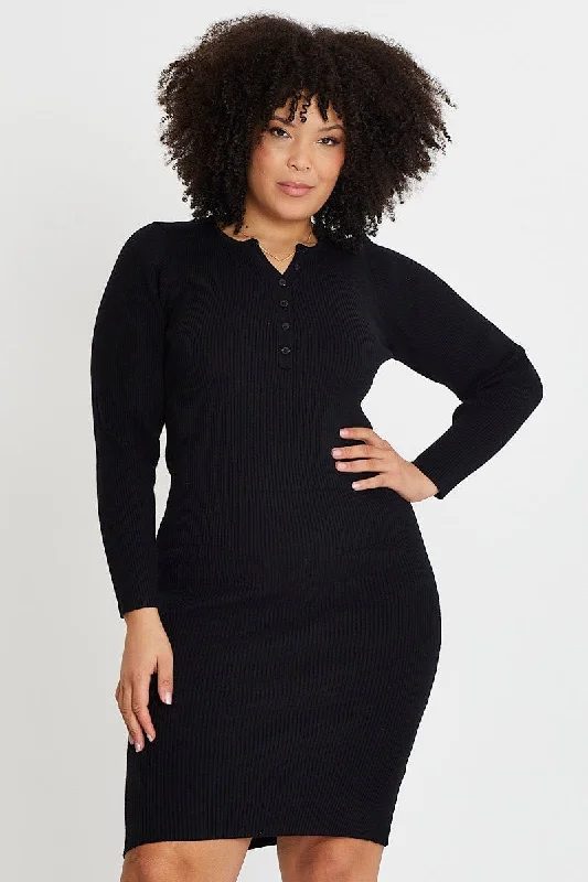 Black Midi Knit Bodycon Dress V-neck Long Sleeve