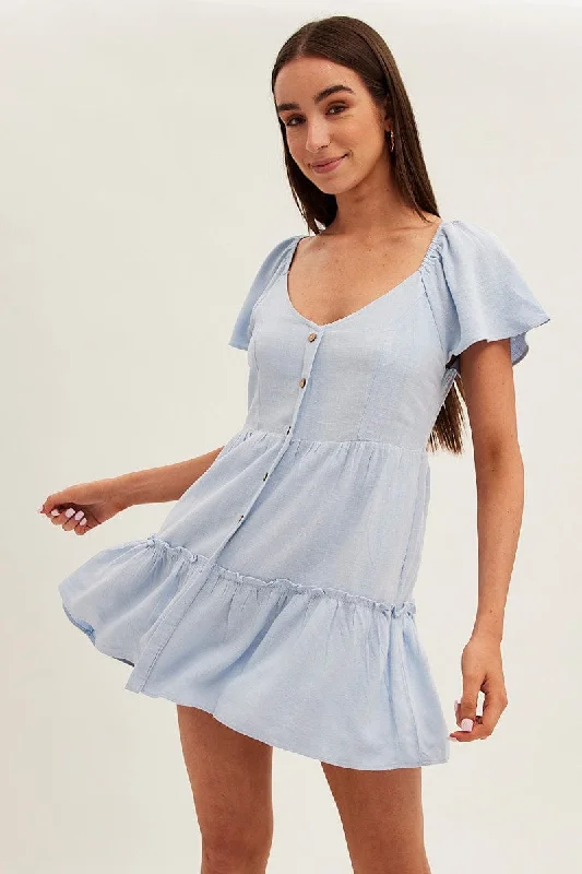 Blue Dress Square Neck Short Sleeve Tiered Button Front