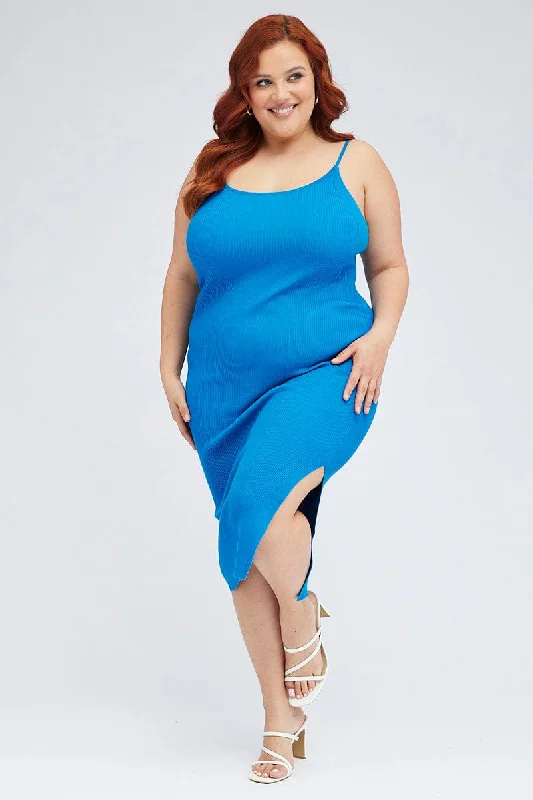 Blue Midi Knit Bodycon Dress Scoop Neck Sleeveless