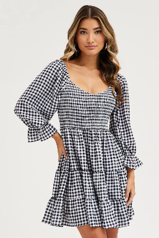 Check Fit And Flare Dress Long Sleeve Sweetheart Neck