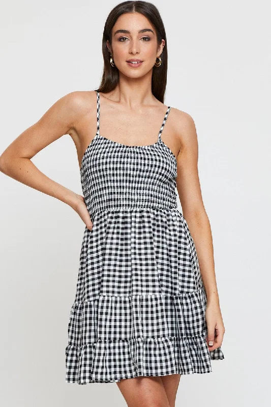 Check Fit And Flare Dress Sleeveless Scoop Neck