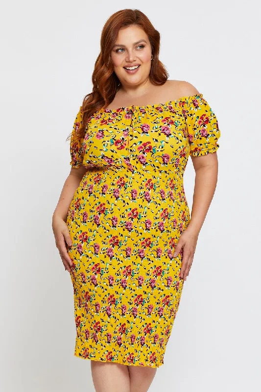 Floral Print Bodycon Dress Off Shoulder Short Sleeve