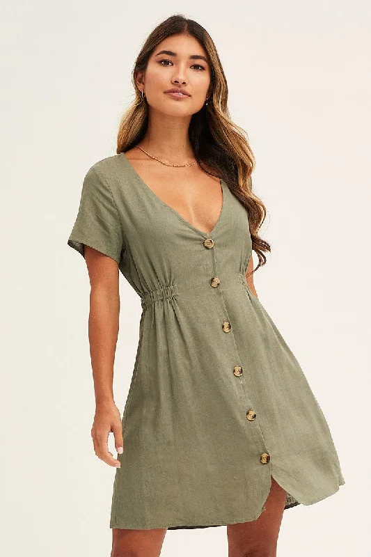 Green A Line Dress Button Front V Neck Short Sleeve