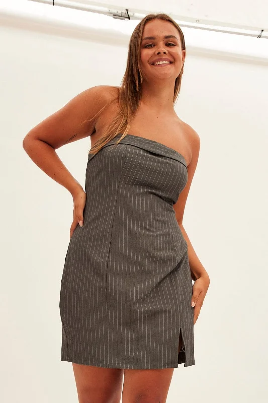 Grey Stripe Bodycon Dress Strapless