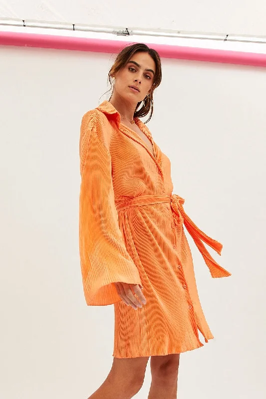 Orange Plisse Shirt Dress Front Button