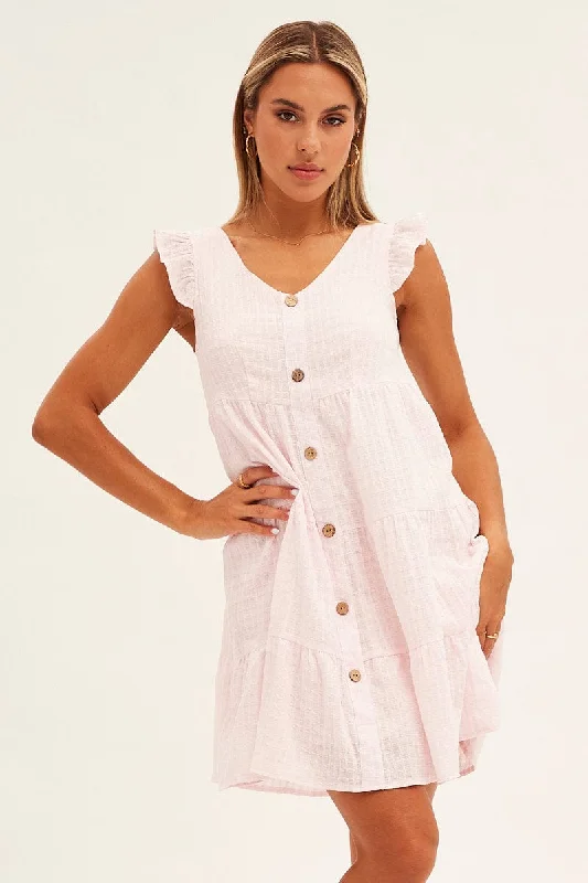 Pink Button Front Mini Swing Dress