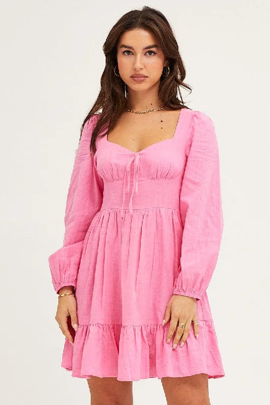 Pink Skater Dress Puff Sleeve Mini