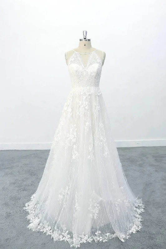 A-line Lace Appliques Tulle Boho Wedding Dresses Beach Wedding Dress OKU94