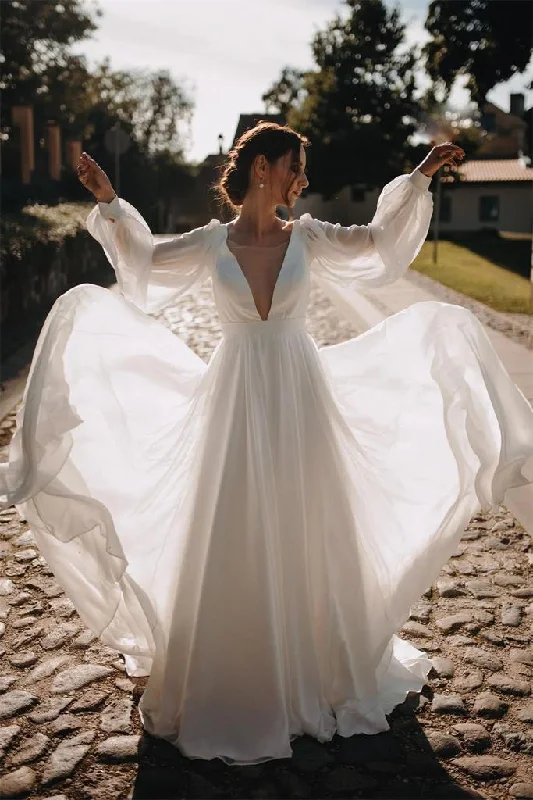 Beautiful Chiffon V Back Wedding Gowns Long Puffy Sleeves Beach Wedding Dress OK1200