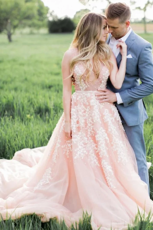 Blush Pink Long Tulle Appliques Wedding Dress With Cathedral Train,Prom Dress OK904