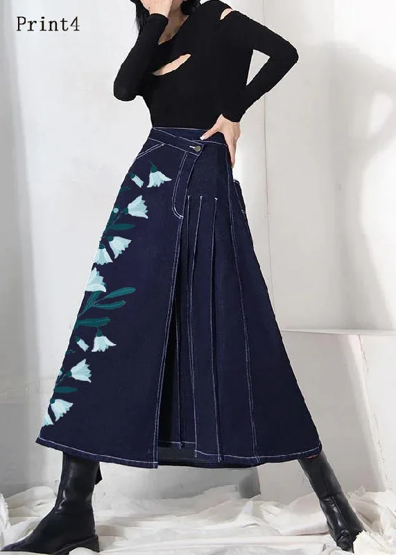 Boho denim blue-print4 zippered asymmetrical design Summer Skirt