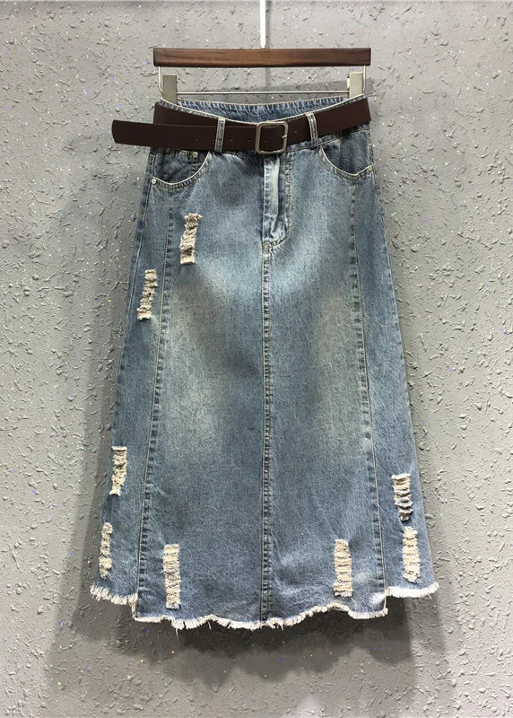 Casual Blue Patchwork Elastic Waist Sashes Denim A Line Skirts