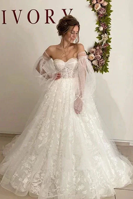 Lace Floral Puffy Sleeve Wedding Dress Sweetheart Long Train Bridal Gown Corset Back OKV20