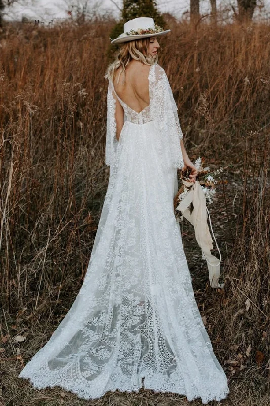 Lace V Neck Backless Boho Wedding Dress A-line Lace Beach Bridal Gown OKV56