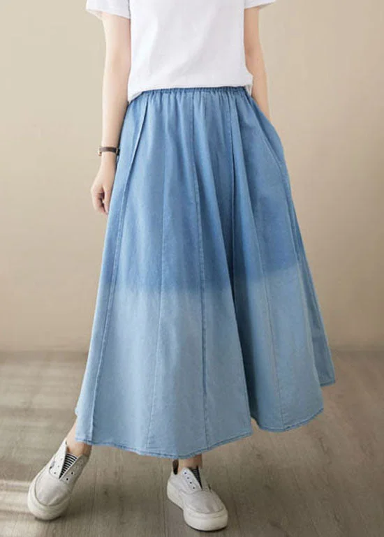 Light Blue Pockets Patchwork Denim Skirts Wrinkled Summer