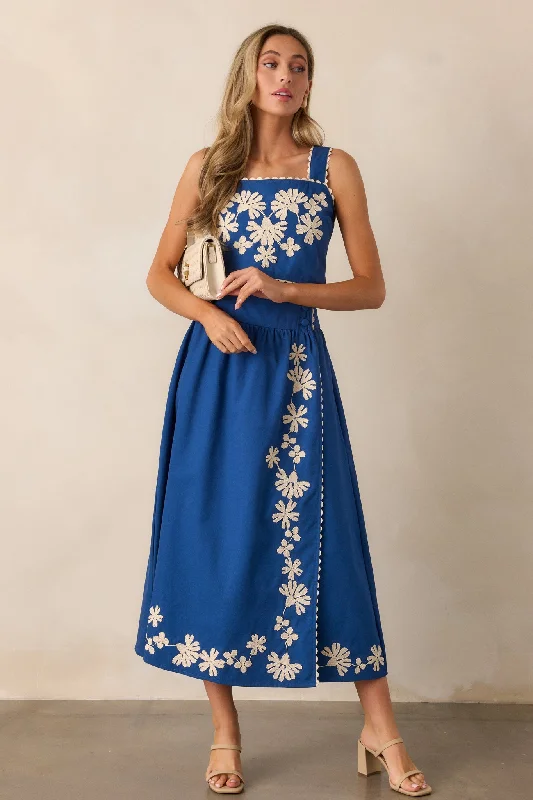 Lovely Blooms Blue Embroidered Floral Midi Skirt