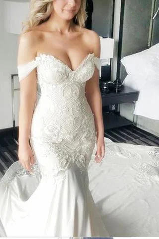 Stunning Mermaid Off-the-Shoulder Lace Long Cheap Count Train Backless Plus Size Wedding Dress OK774