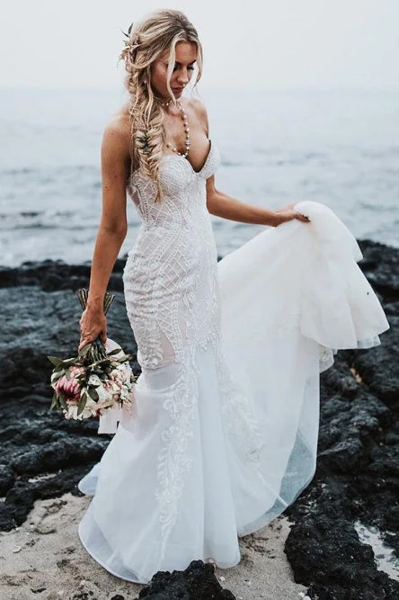 Mermaid Sweetheart Sweep Train Elegant Wedding Dress with Lace Appliques OKR77