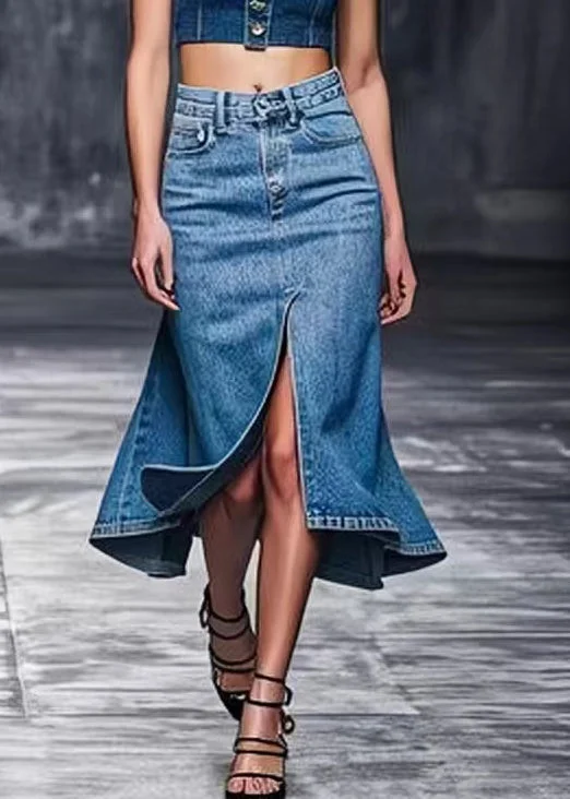 Modern Blue Front Open High Waist Denim Skirts Summer