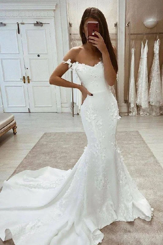 New Arrival Off The Shoulder Mermaid Elegant Long Lace Appliques Wedding Dress OKY2