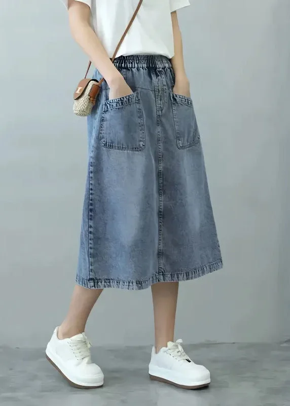 rief Blue Patchwork Elastic Waist Denim Skirts Summer