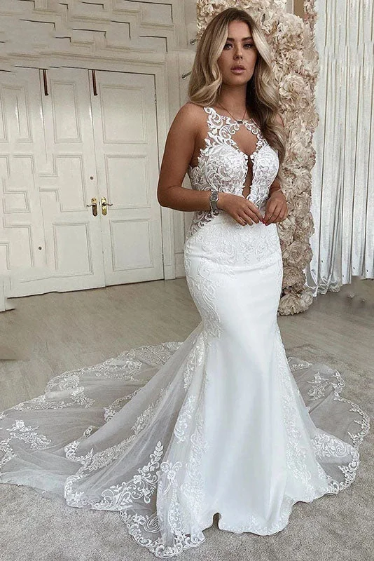 Sexy Mermaid Wedding Dress Scoop Neck Lace Appliques Bride Dress OKW96