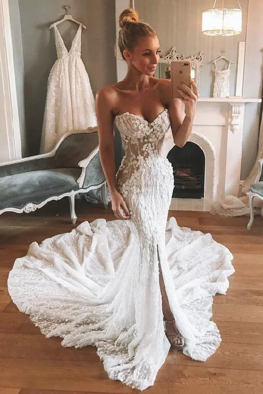 Sexy Sweetheart Mermaid Ivory Lace Long Wedding Dress Wth Slit OKZ39