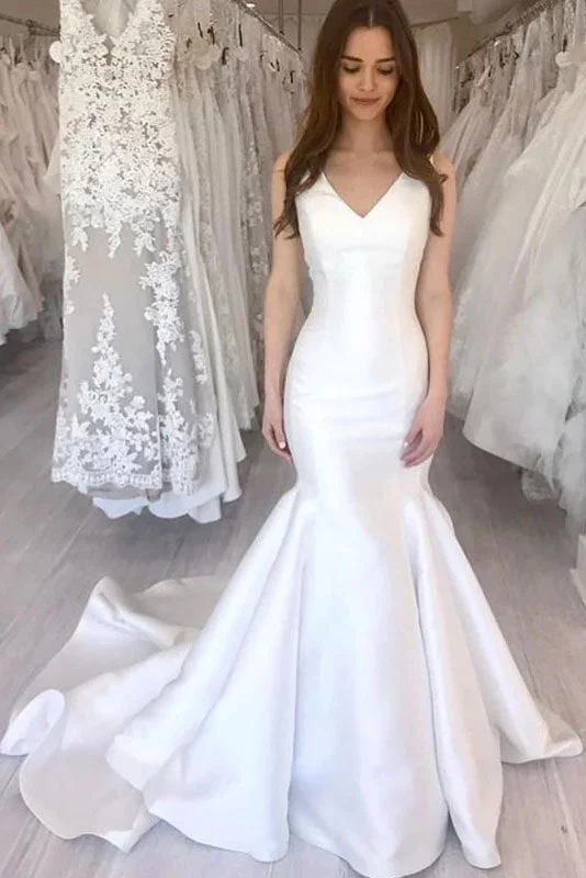 Simple Mermaid Wedding Dress V-Neck Chapel Train Sleeveless Bridal Dress OKW40