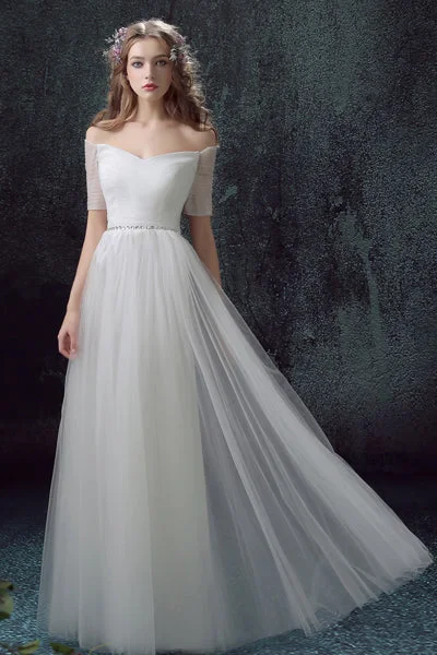 Simple Tulle Off Shoulder Floor-Length Short Sleeves A-line Lace Up Back Wedding Dresses OK802