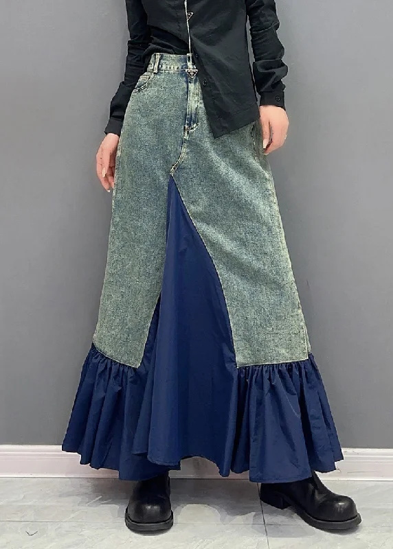 Style Blue Ruffled Pockets Patchwork Slim Fit Denim Skirt Fall