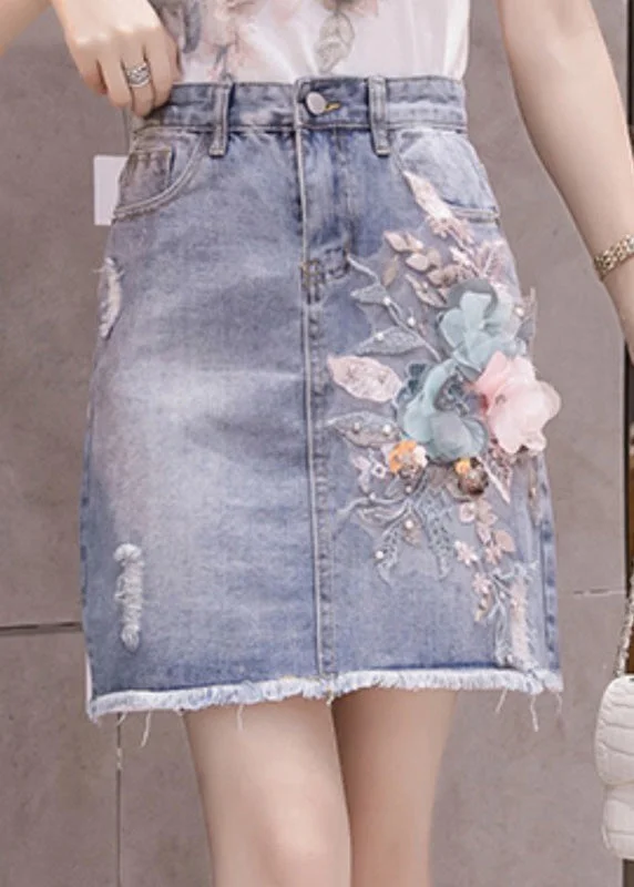 Stylish Blue Floral Patchwork High Waist Nail Bead Denim Skirt