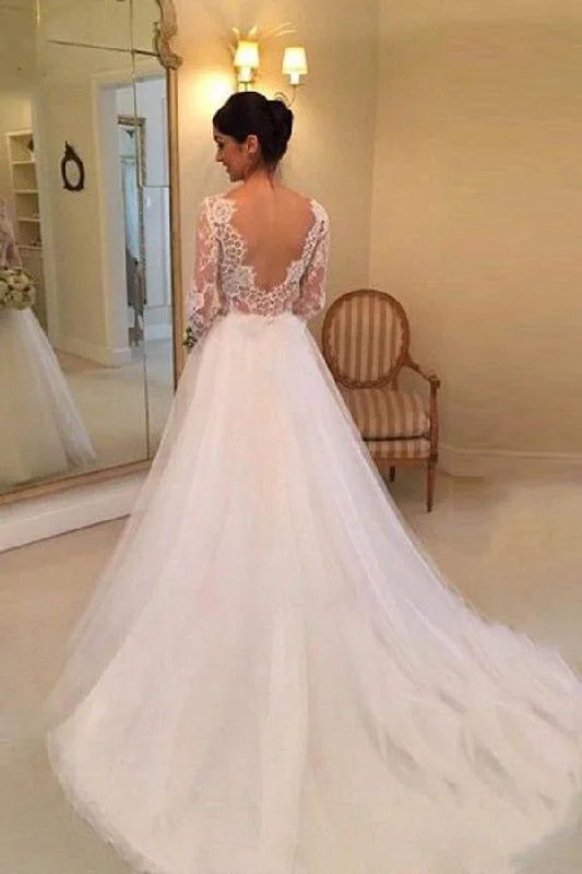 White A-line Long Sleeves Beading Lace Backless Court Train Wedding Dress OK524