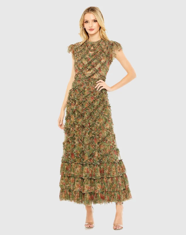 Green High Neck Ruffle Cap Sleeve Floral Dress