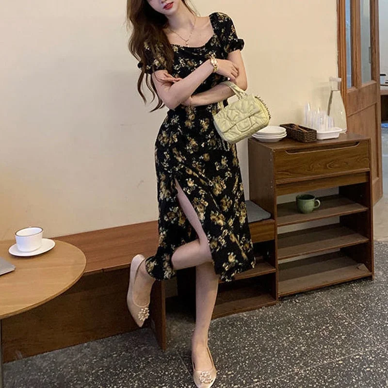 Back to College Elegant Floral Dress Women Short Sleeve Midi Vintage Dress Square Collar French Retro Sexy Party Dress  Summer Korean Style